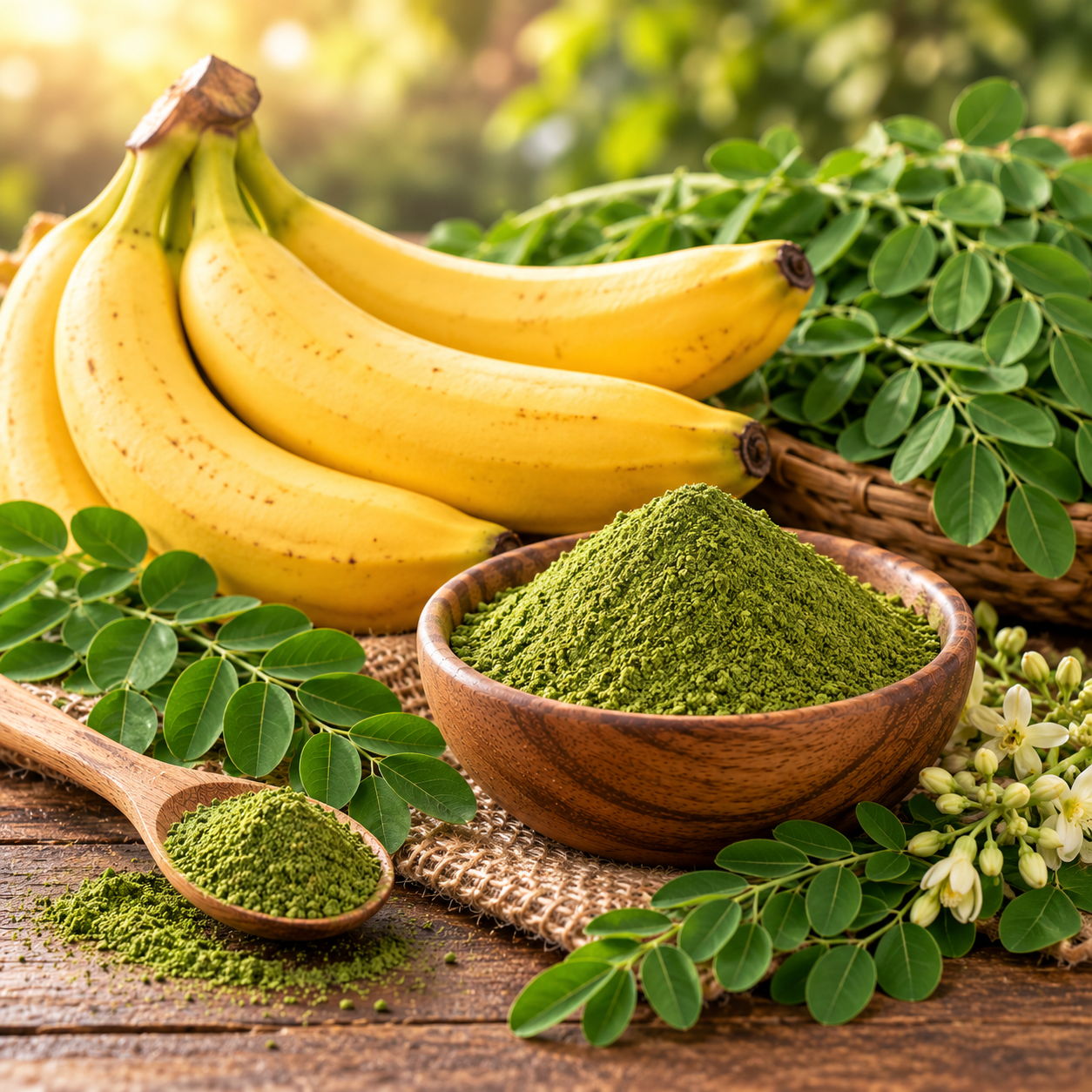 Rustic Bananas and Moringa Still Life